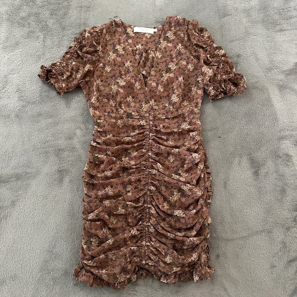 Astr The Label Shirred Short Sleeve V-Neck Mini Dress MEDIUM Floral